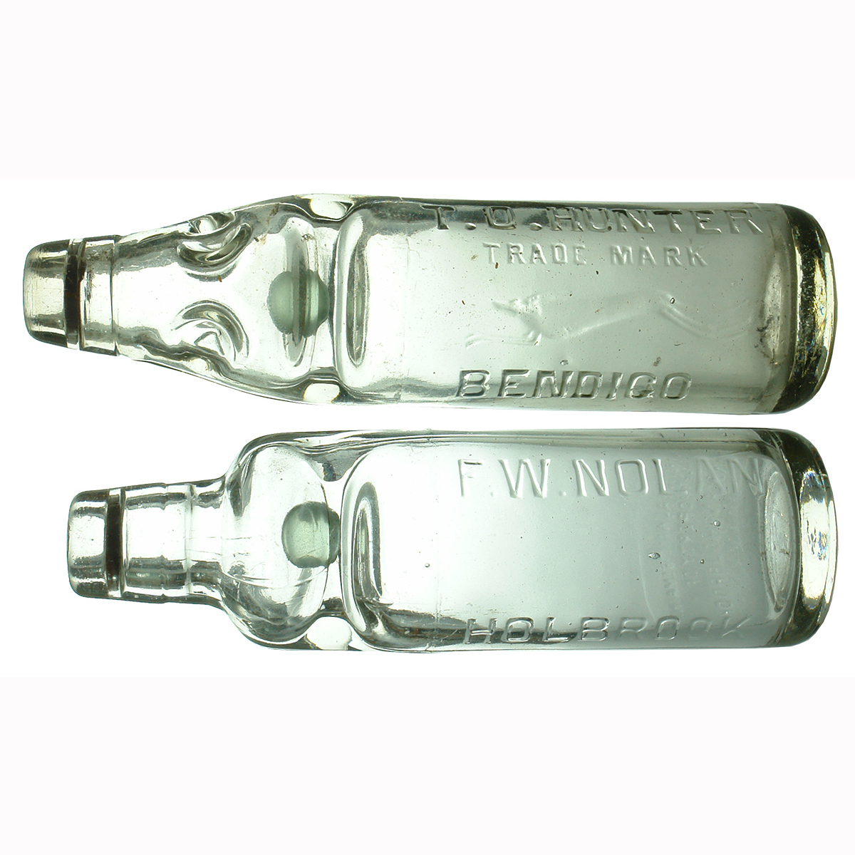 2 Codd Bottles. F. W. Nolan Holbrook; T. O. Hunter, Bendigo. (New South Wales & Victoria)