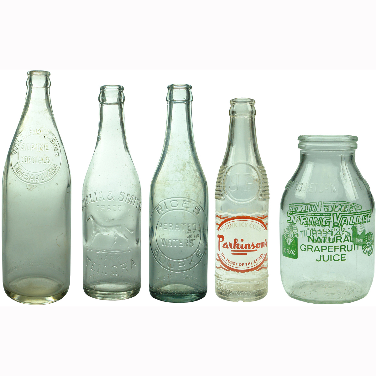 5 Crown Seals: Williams, Tumbarumba; Moglia & Smith, Temora; Rice's Bourke; Parkinsons Wollongong; Spring Valley, Melbourne.