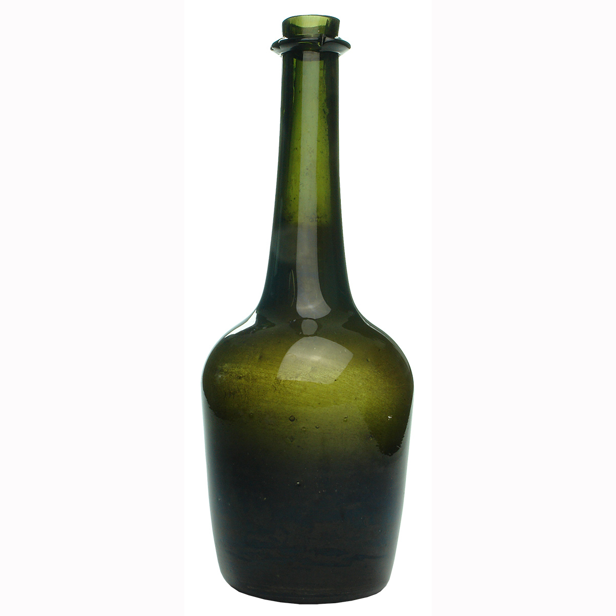 Black Glass. Dutch Flowerpot type liquor bottle. Tube pontil scar to base.