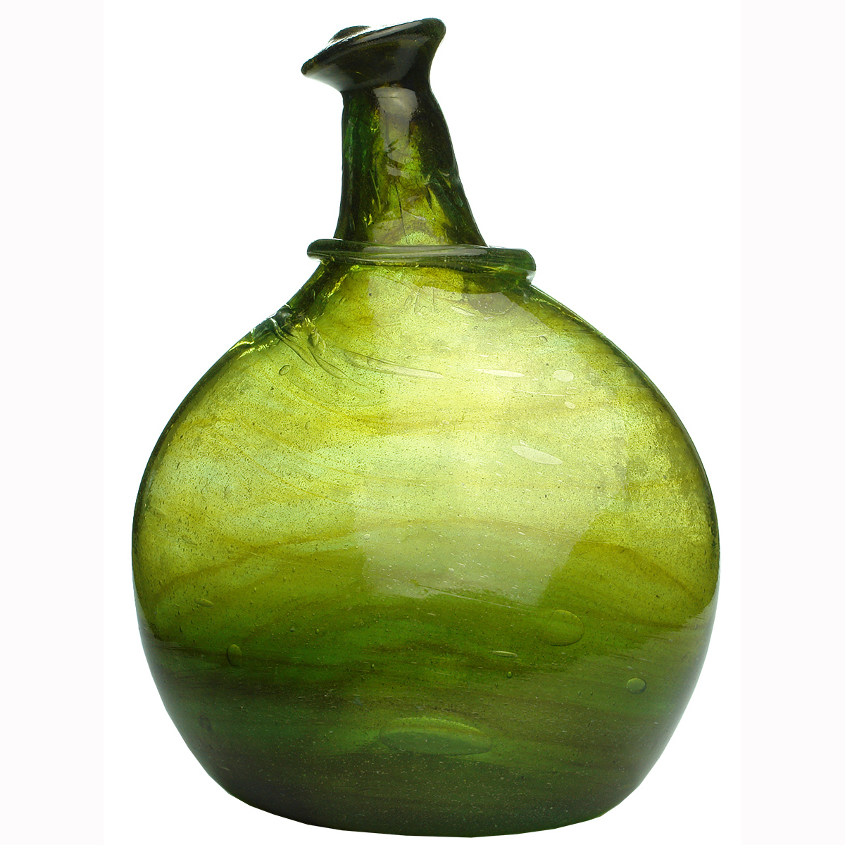Early Glass. Persian Saddle Flask. Single ring around neck. Pontil scar to base.