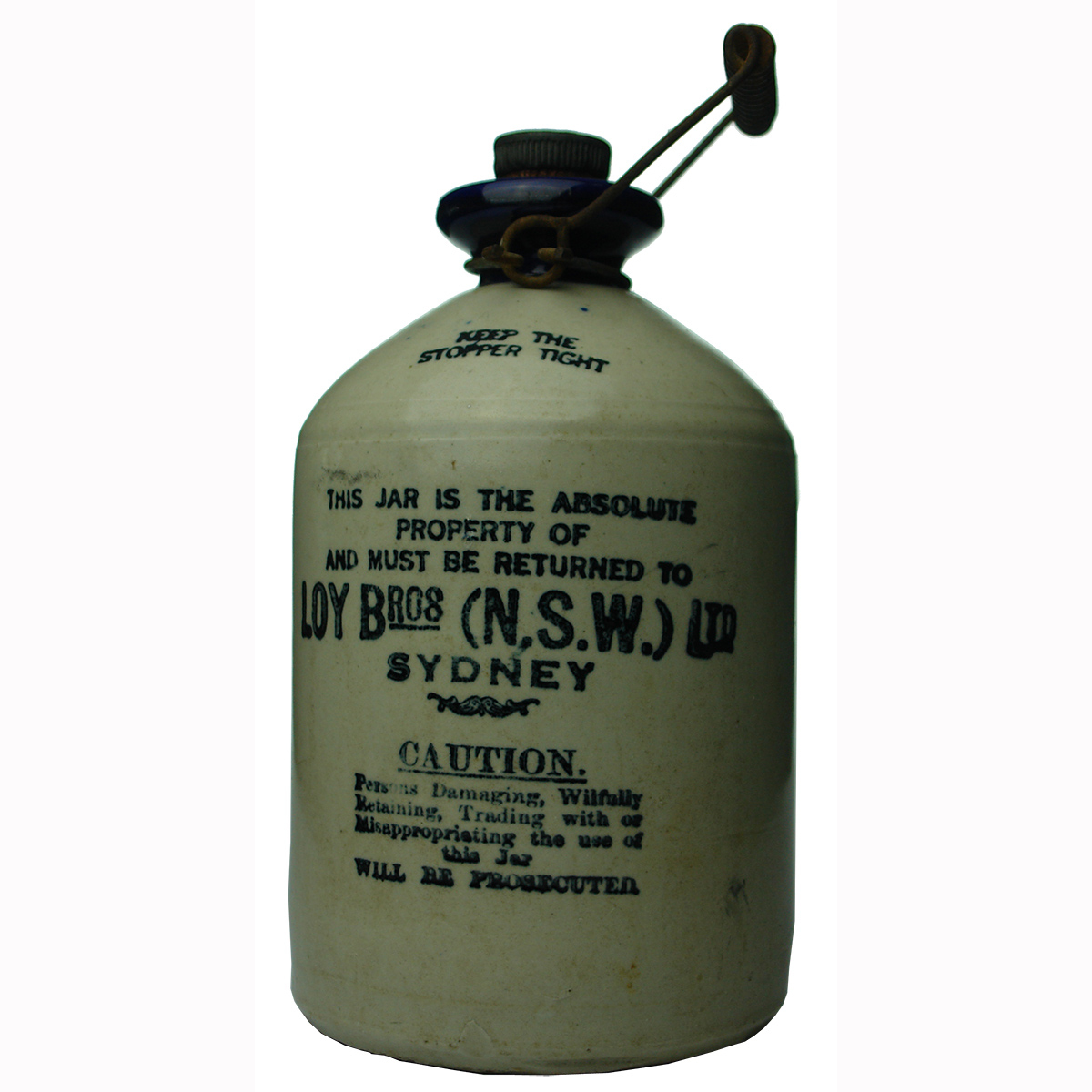 Demijohn. Loy Bros NSW Ltd Sydney. Half Gallon. Blue Lip. (New South Wales)
