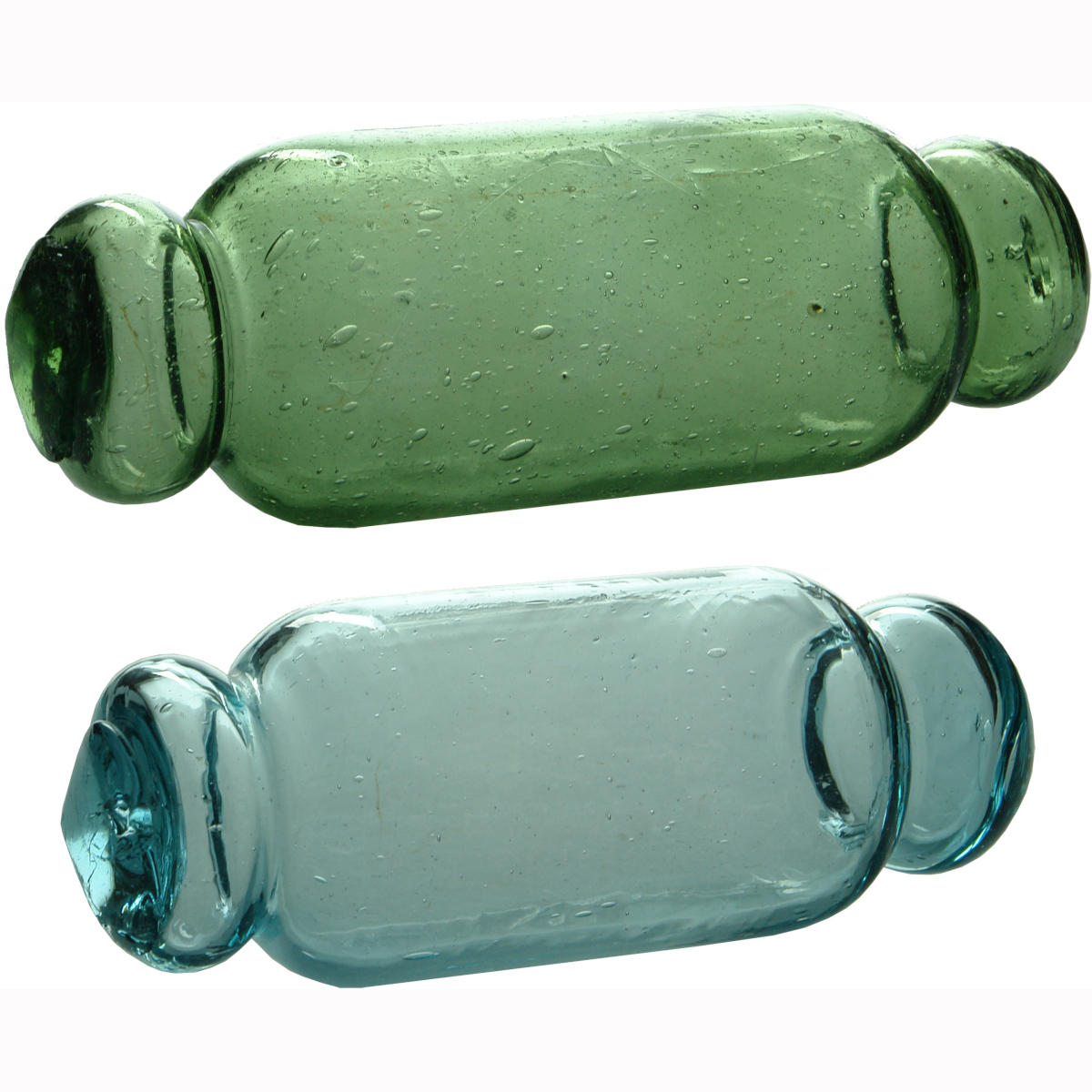 2 Small to medium glass rolling pin shaped fishing floats