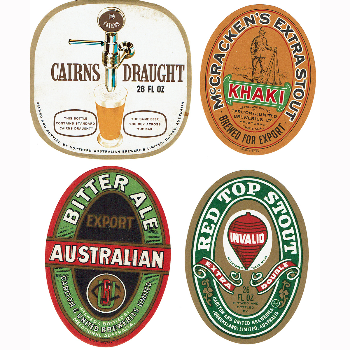 4 CUB Labels: Cairns Draught; McCrackens; Red Top; Australian Export Bitter.
