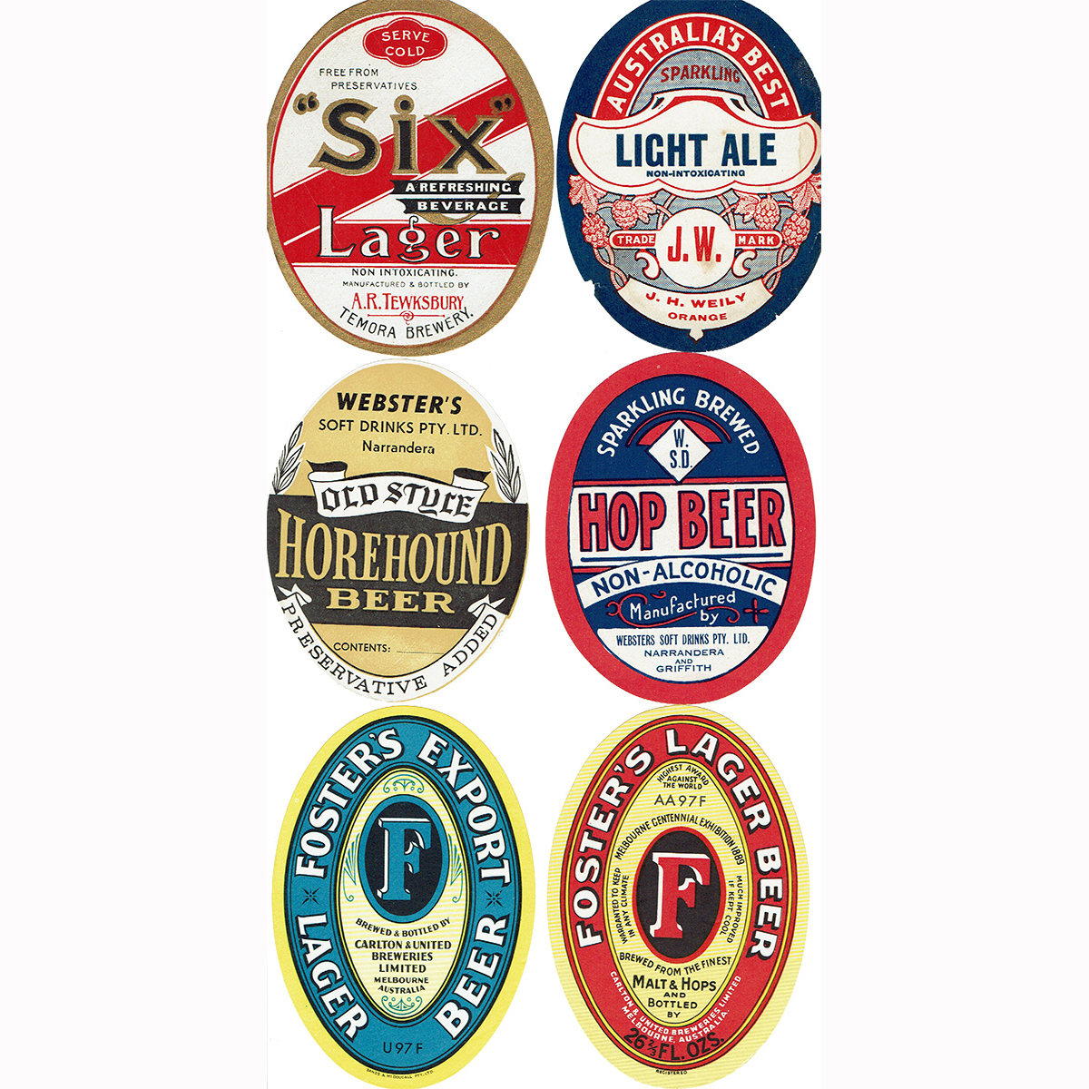 6 Beer & Hop Beer Labels: Websters Narrandera; Weily Orange; Tewksbury Temora; Fosters; Carlton & United.