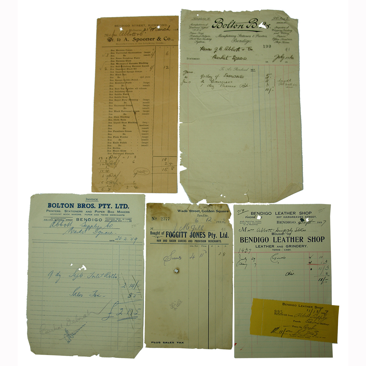 Five Bendigo region invoices: Bendigo Leather Shop, 1937; Foggitt Jones, 1932; Bolton Bros, 1949; Bolton Bros,1916; Spooner & Co, Bendigo Street, Richmond, 1906.